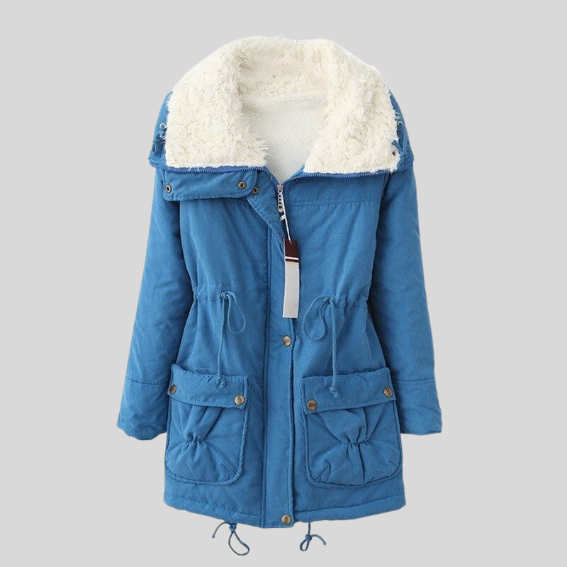 Women's grey fleece parka jacket hooded thigh-length relaxed fit with soft fleece lining