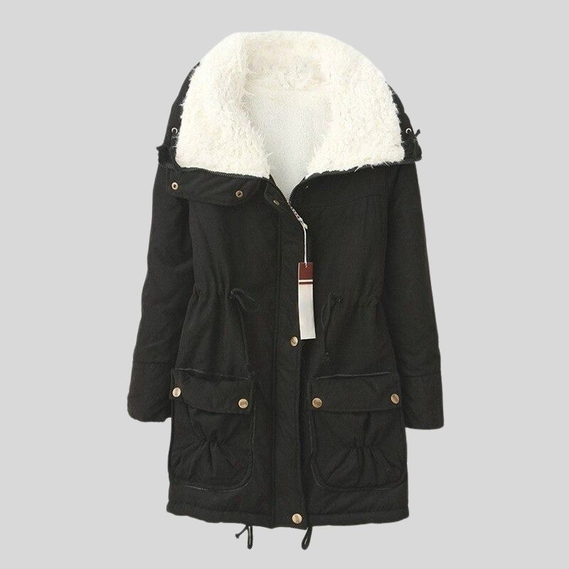 Women's fleece parka jacket hooded thigh-length relaxed fit soft cozy winter coat