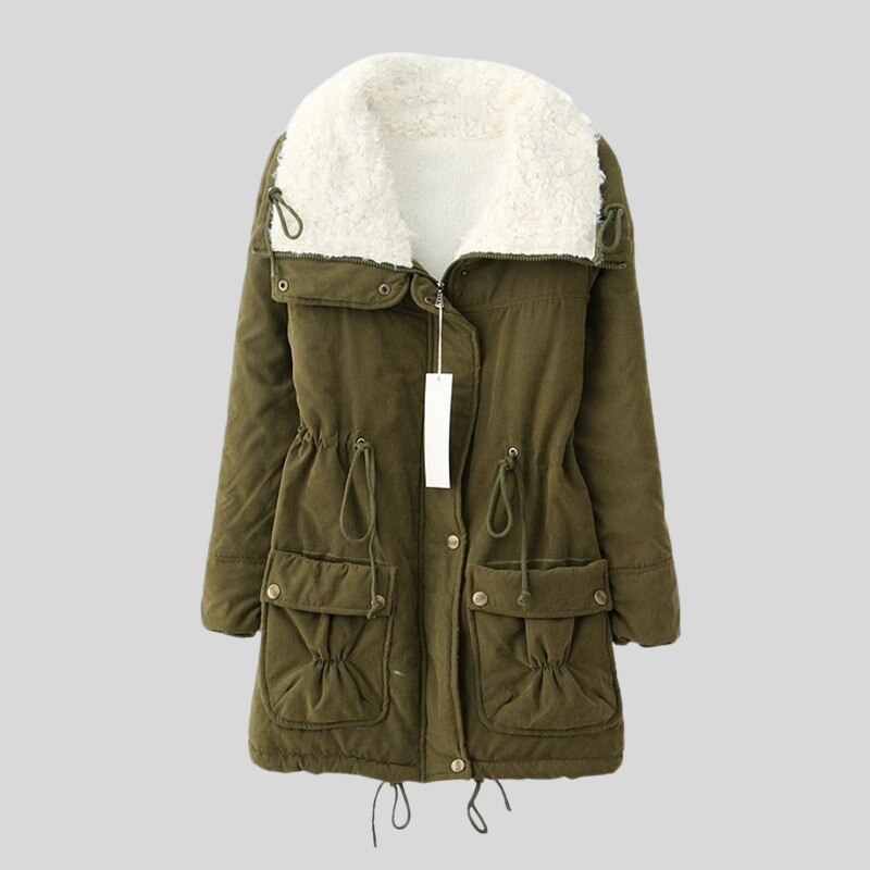 Women's fleece parka jacket hooded thigh-length relaxed fit soft fleece-lined winter coat