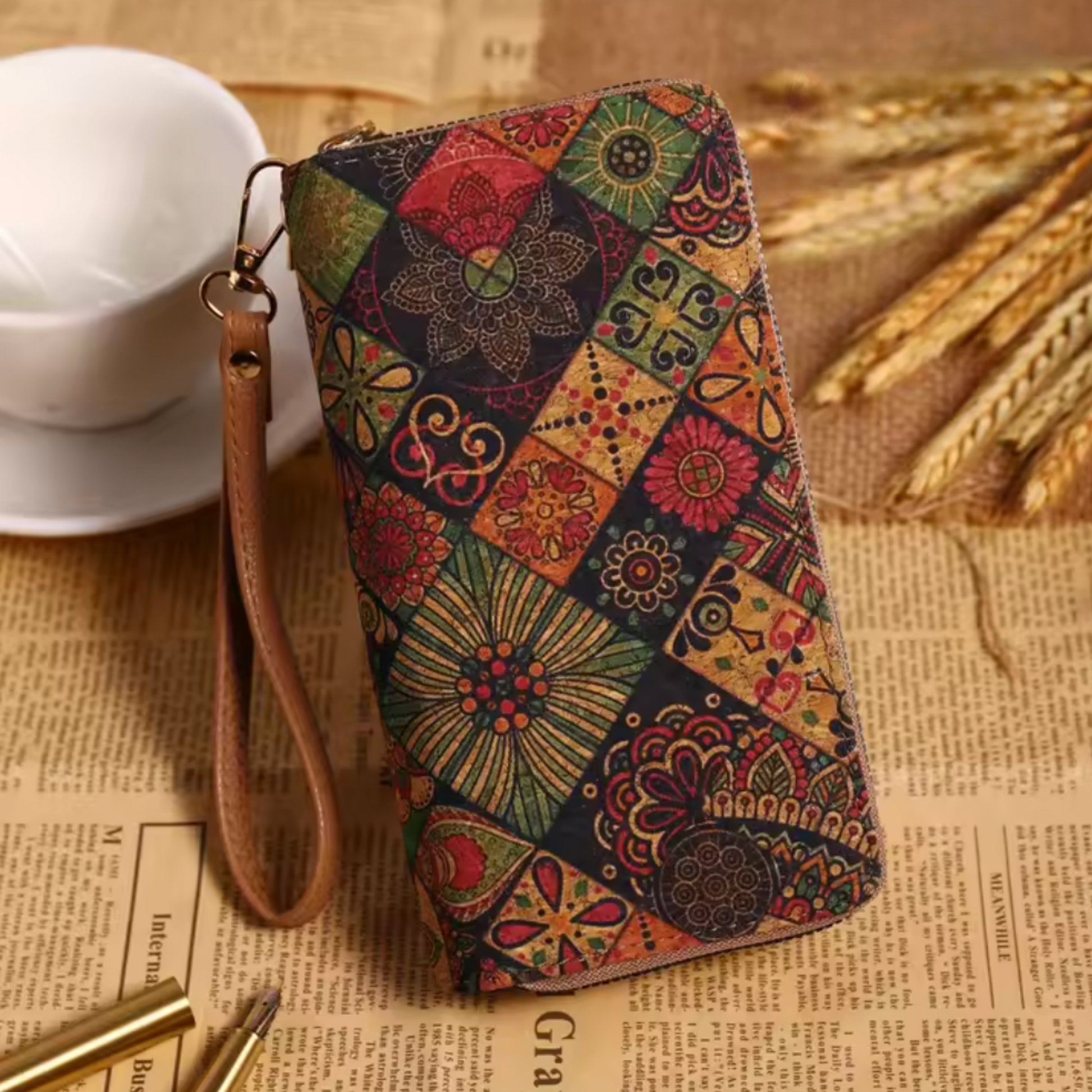 Terra cork mosaic boho wallet, water-resistant dual-zip wristlet with artisan pattern for eco-conscious style