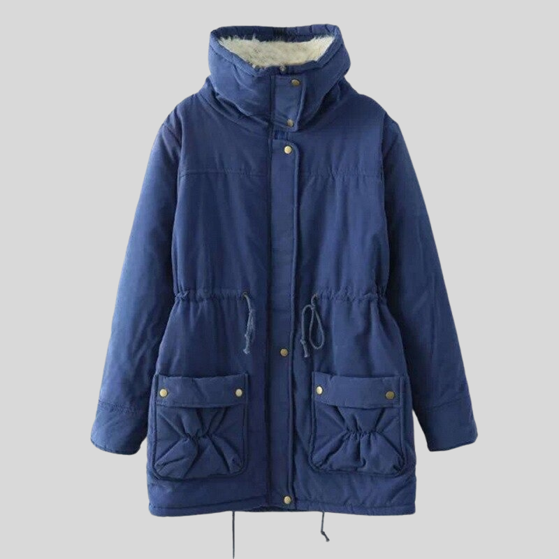 Women's black fleece hooded parka jacket relaxed fit thigh-length cozy winter coat