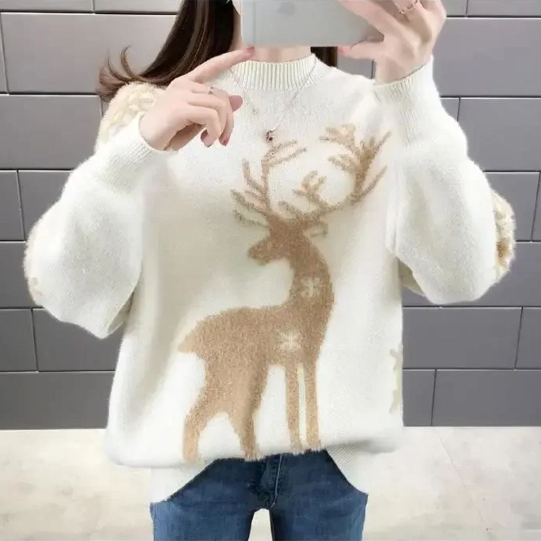 Women's cream knit reindeer pattern sweater cozy relaxed fit festive bold motif holiday style