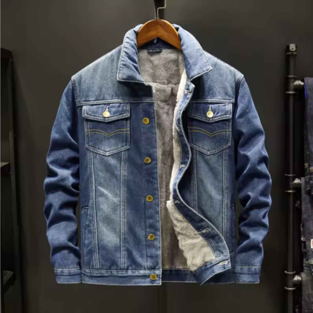 Men's heavyweight fleece-lined denim jacket with turn-down collar and warm soft interior