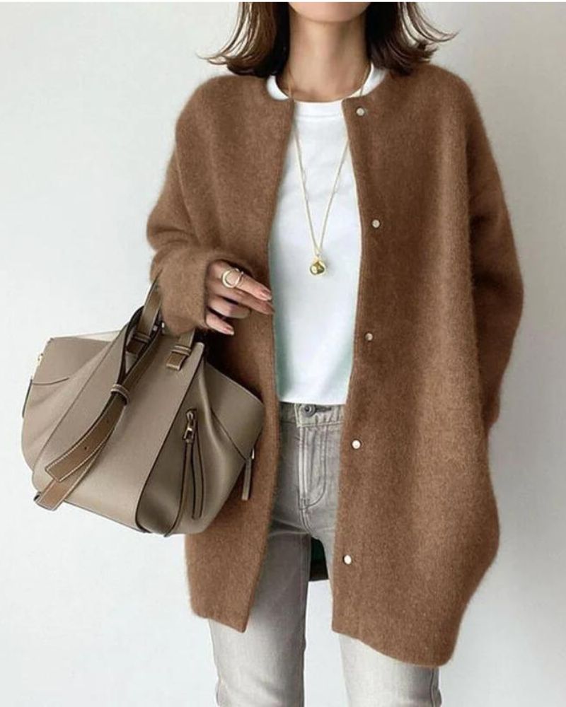 Verena women's Egyptian cotton knit cardigan in neutral tone with plush texture and refined details