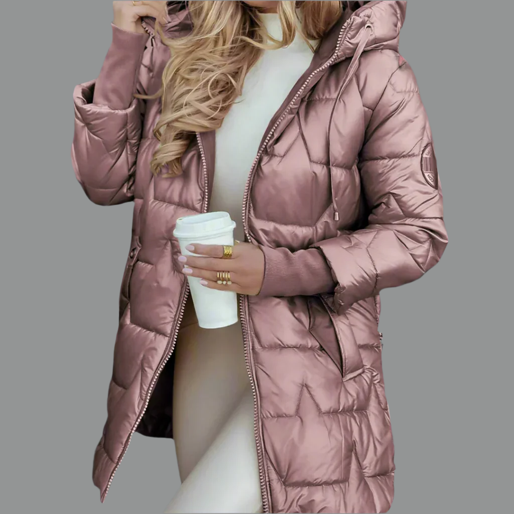 Women's glossy quilted hooded autumn jacket lightweight insulation sleek contemporary silhouette