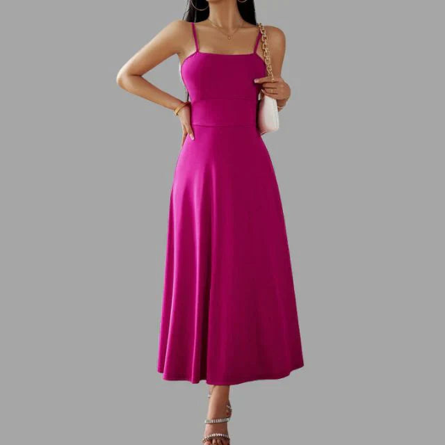 Beige midi swing dress Julia style, feminine flared silhouette with effortless chic everyday fit