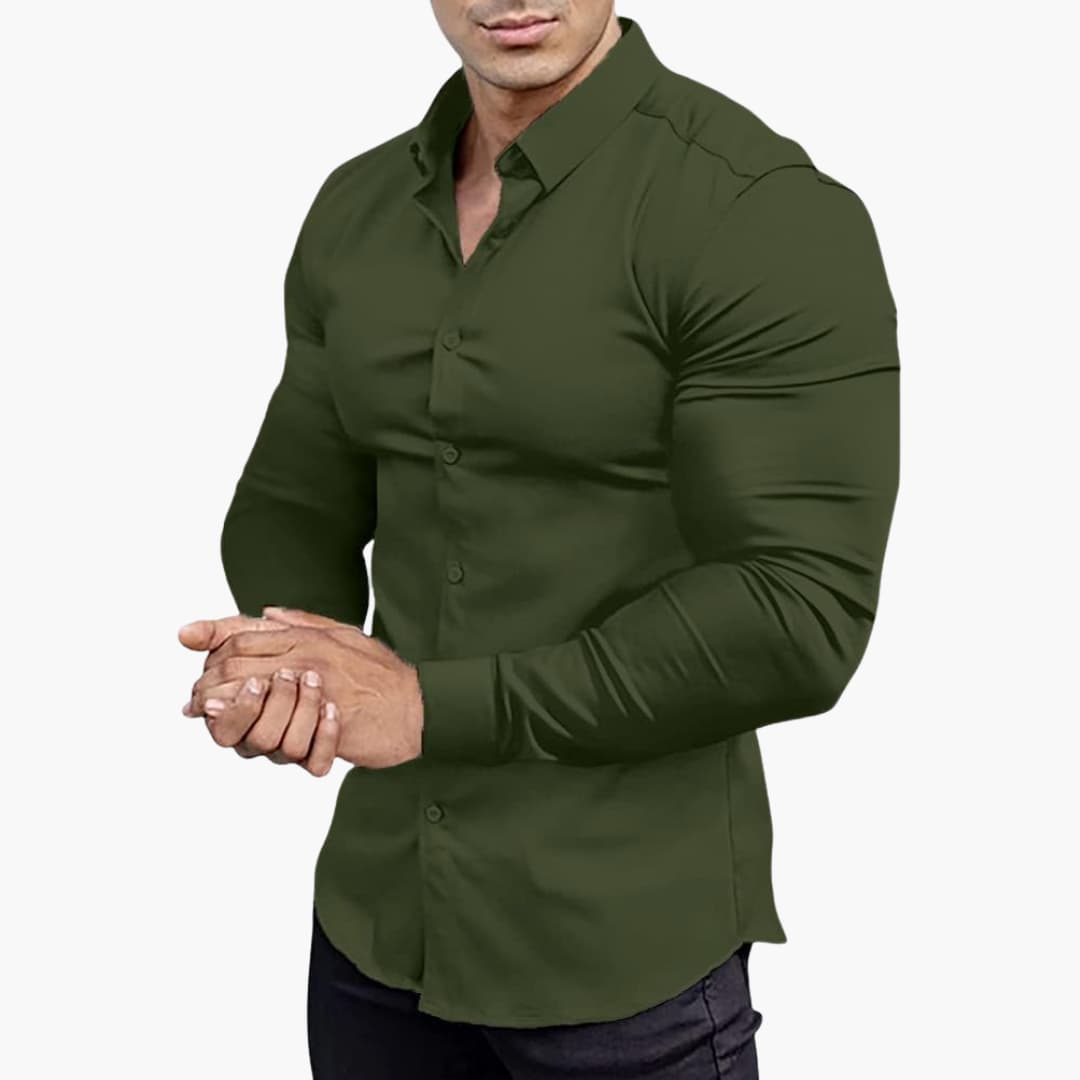Men's slim fit dress shirt structured silhouette versatile office casual wear stretch fabric