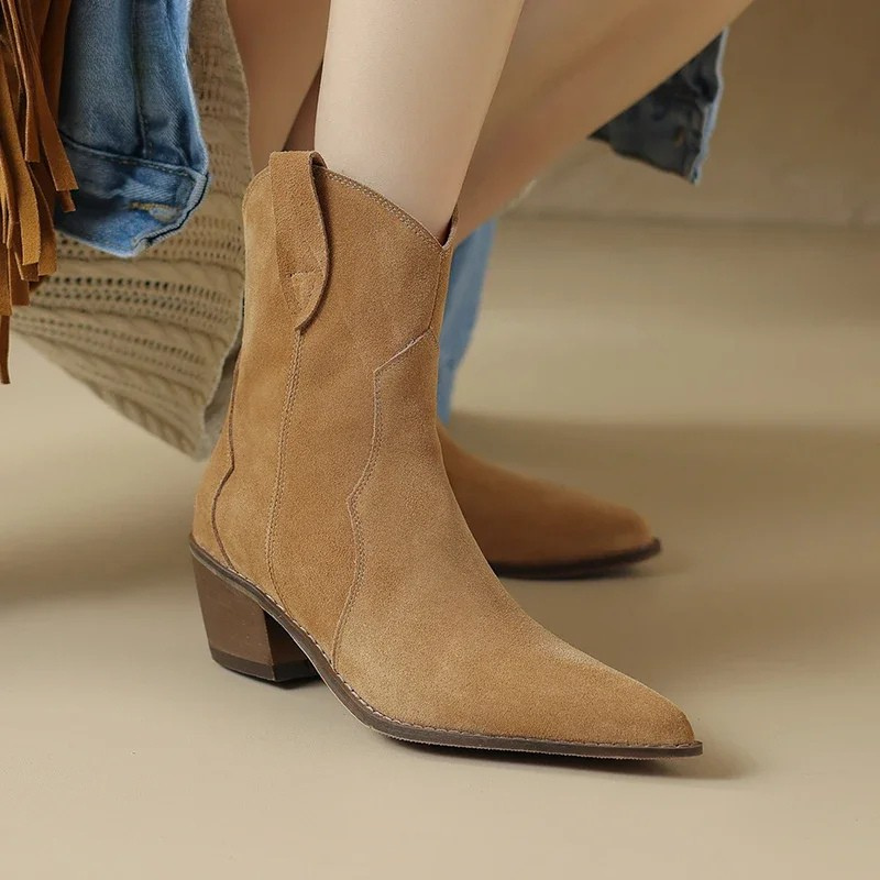 Women's faux suede western ankle boots pointed toe block heel pull-on cowboy style