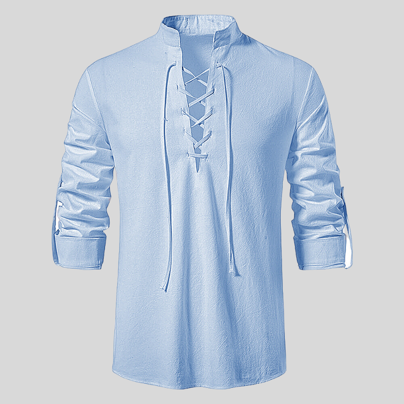 Men's beige linen relaxed fit V-neck shirt with long sleeves and lace-up chest closure