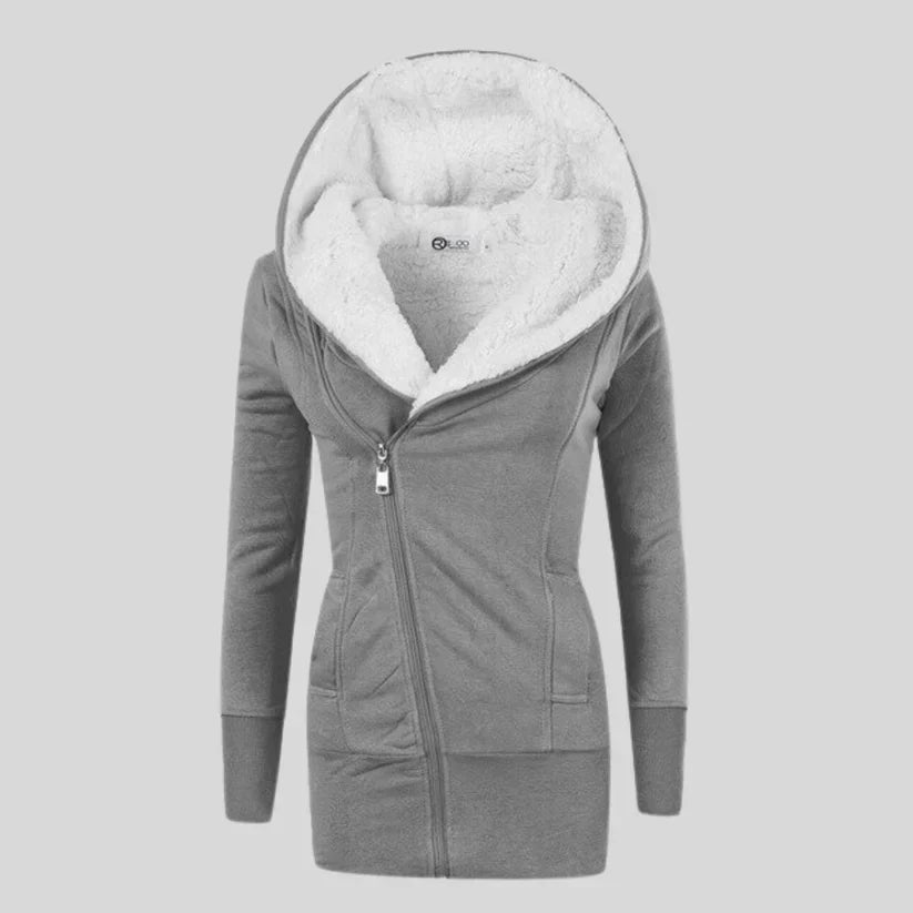 Women's hooded fleece cardigan in cozy soft fabric, relaxed sporty silhouette with practical hood
