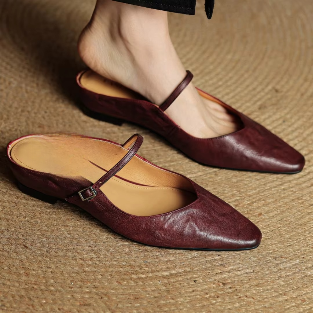 Women's genuine cow leather pointed toe Mary Jane wedge flats with slip-on design for all-day comfort