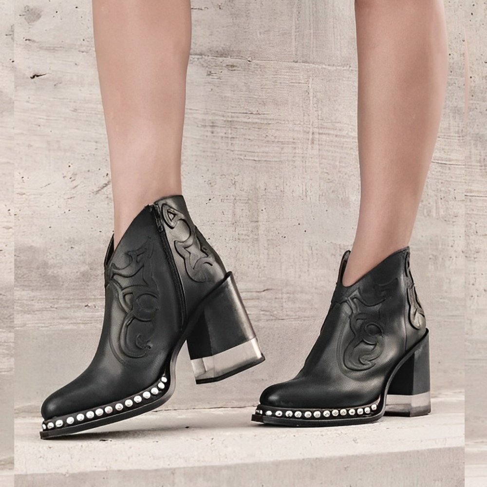 Women's black embellished Western block heel boots with metallic studs and clear transparent heel