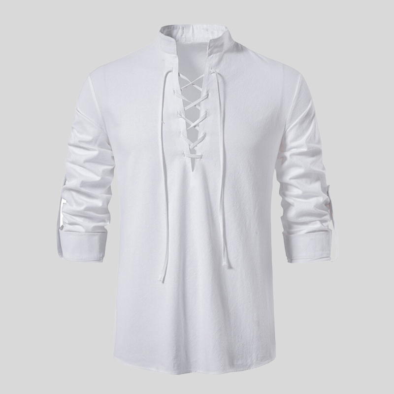 Men's beige linen relaxed fit V-neck shirt with long sleeves and lace-up closure detail