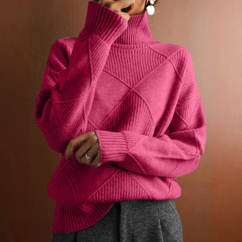 Women's beige textured knit turtleneck sweater relaxed fit with raised geometric pattern