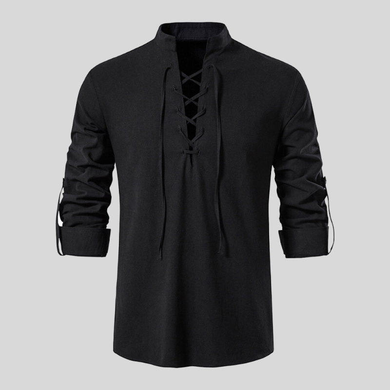 Men's white linen blend relaxed fit V-neck shirt with long sleeves and lace-up chest closure