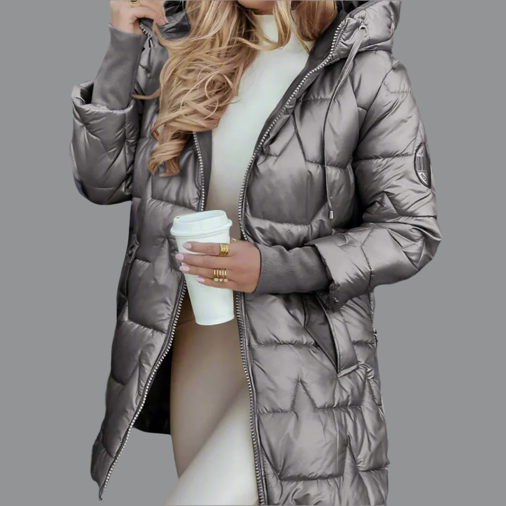 Women's glossy quilted hooded autumn jacket lightweight insulation sleek contemporary silhouette