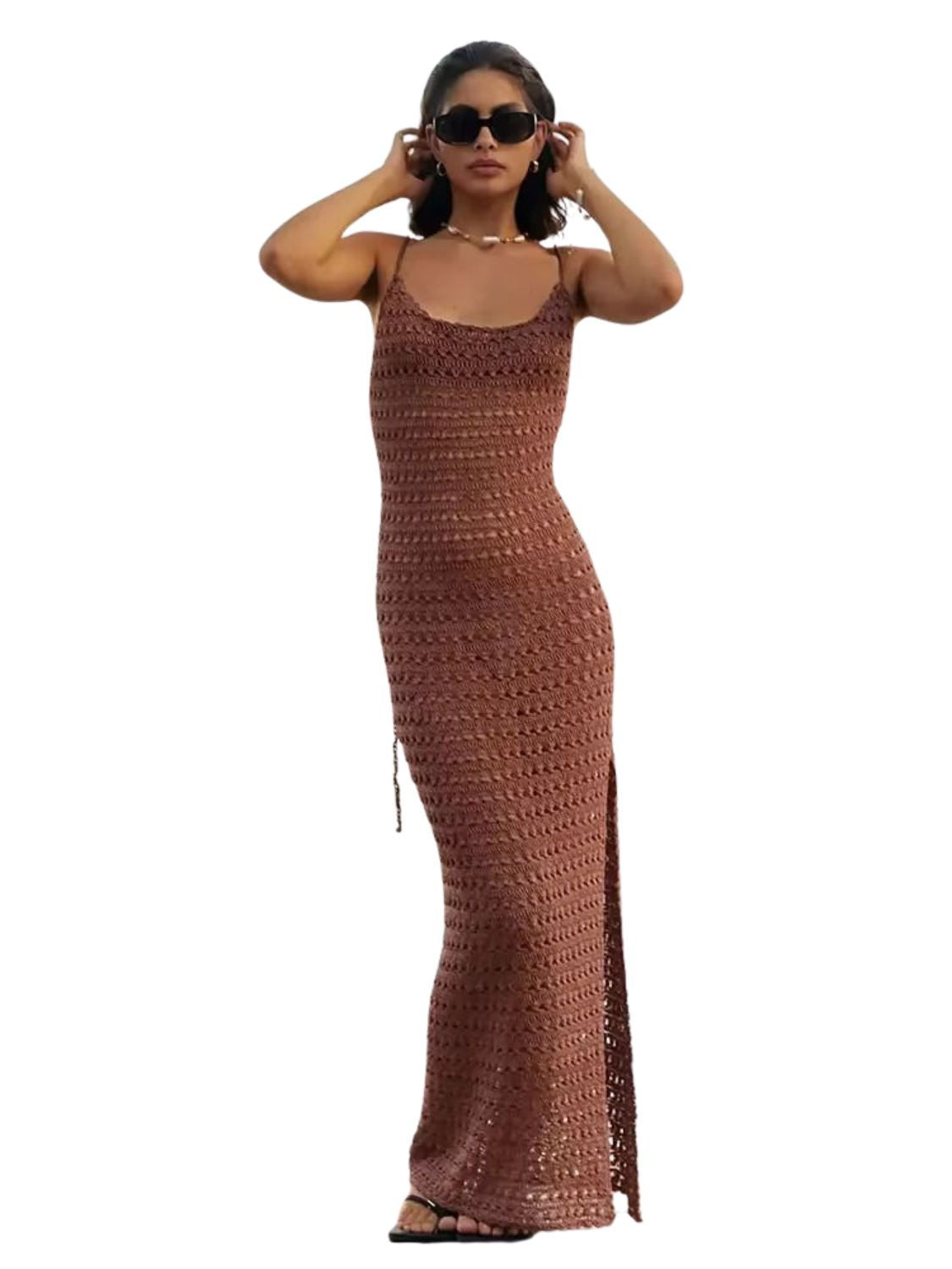 White crochet bikini cover-up dress with body-conscious silhouette and breathable open-knit texture