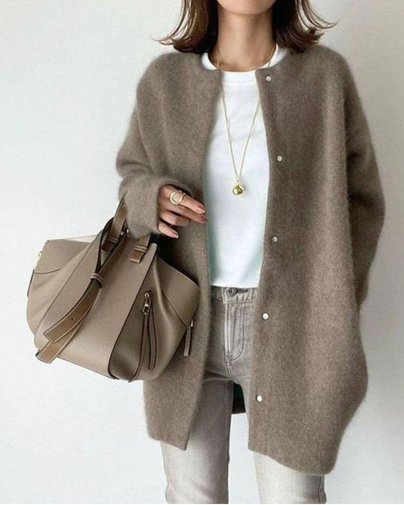 Verena women's Egyptian cotton knit cardigan, versatile beige open-front style with plush texture