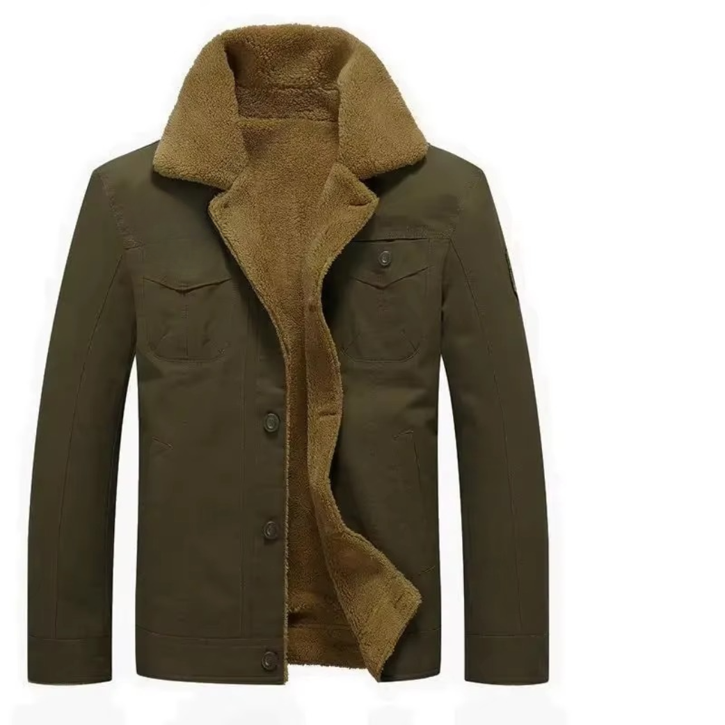 Men's olive military jacket with shearling lining, regular-fit cotton parka for outdoor rugged warmth