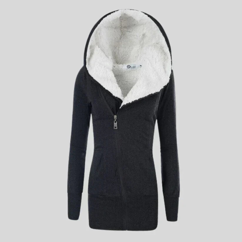 Women's hooded fleece cardigan in casual sporty silhouette with soft cozy fabric and relaxed fit