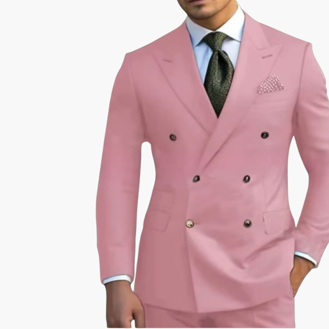 Men's navy double-breasted suit notched lapel six-button jacket tailored trousers professional formal wear