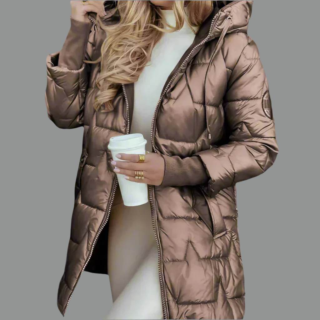 Women's black glossy quilted hooded autumn jacket with lightweight insulation and sleek slim fit
