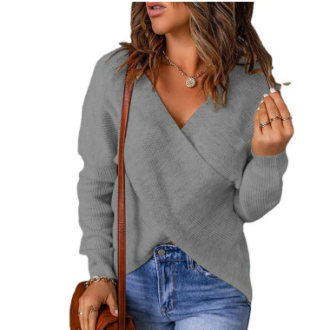 Women's relaxed fit cross front knit sweater casual everyday comfort soft fiber blend