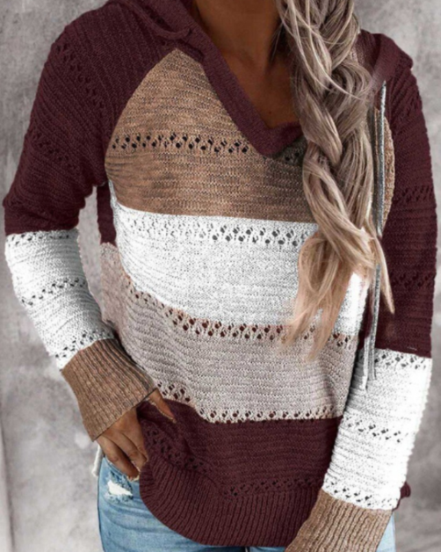 Women's striped knit hoodie lightweight breathable eyelet pattern casual layering piece in multicolor