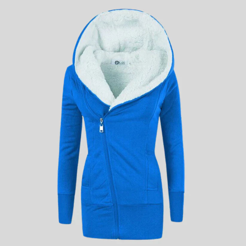 Women's hooded fleece cardigan in cozy casual fit with relaxed sporty silhouette and practical hood