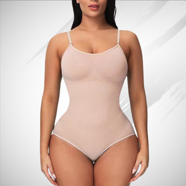 Women's form-fitting sleeveless bodysuit scoop neck adjustable straps full coverage shaping nude