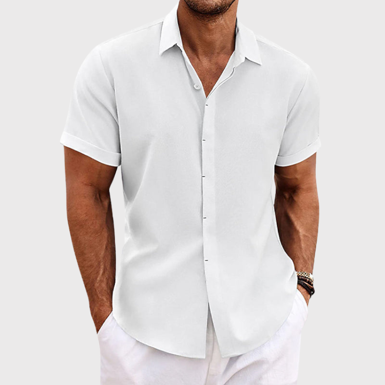 Men's casual cotton linen short sleeve button-up shirt breathable relaxed fit summer staple
