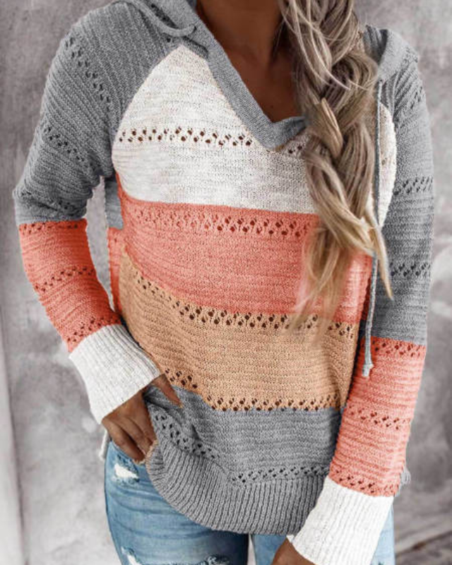 Women's striped knit hoodie lightweight breathable eyelet pattern casual layering piece in multicolor