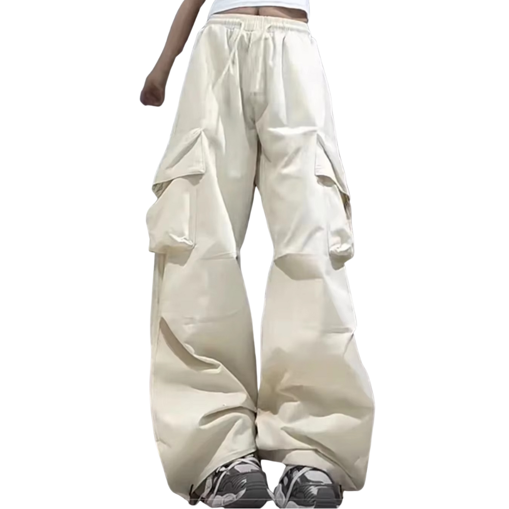 Women's loose fit cargo trousers in neutral tones, baggy silhouette with functional side pockets