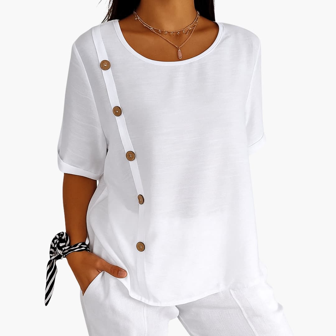 Women's loose-fit lightweight blouse, round neck, short sleeves, decorative side buttons, casual office style