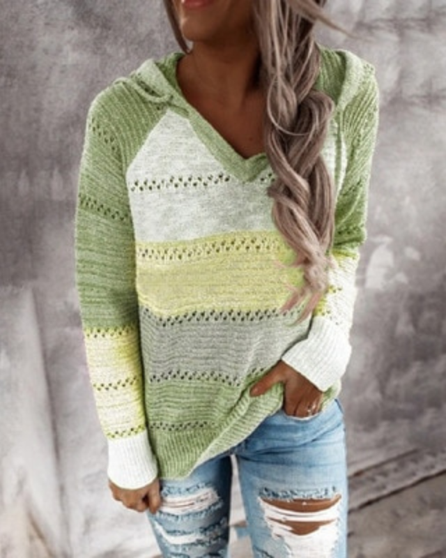 Women's lightweight hooded striped knit sweater in bold horizontal stripes, relaxed V-neck easy layering