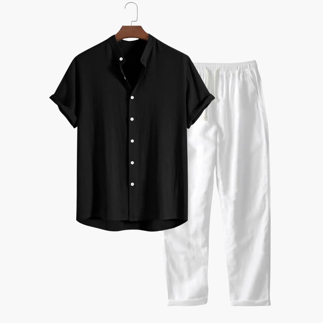 Men's light blue short sleeve shirt tapered pants two-piece set lightweight breathable travel outfit