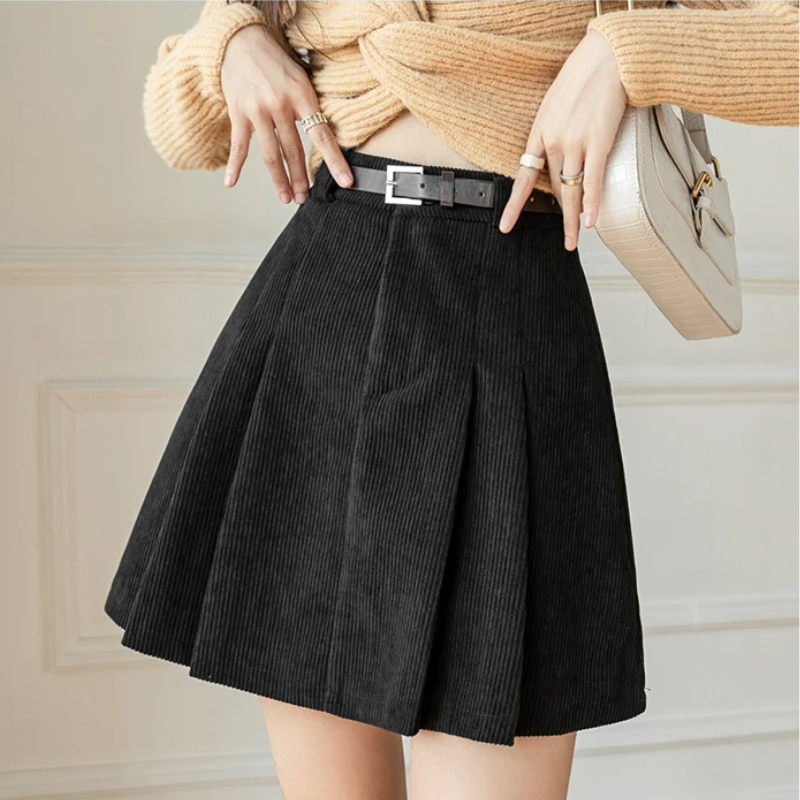 Belgravia brown corduroy A-line mini skirt high-waist flattering cut for chic everyday wear