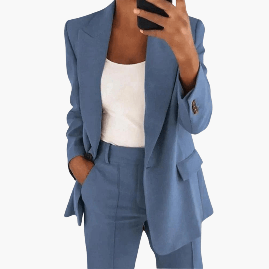 Women's black structured lapel blazer suit with straight trousers, polished two-piece professional set