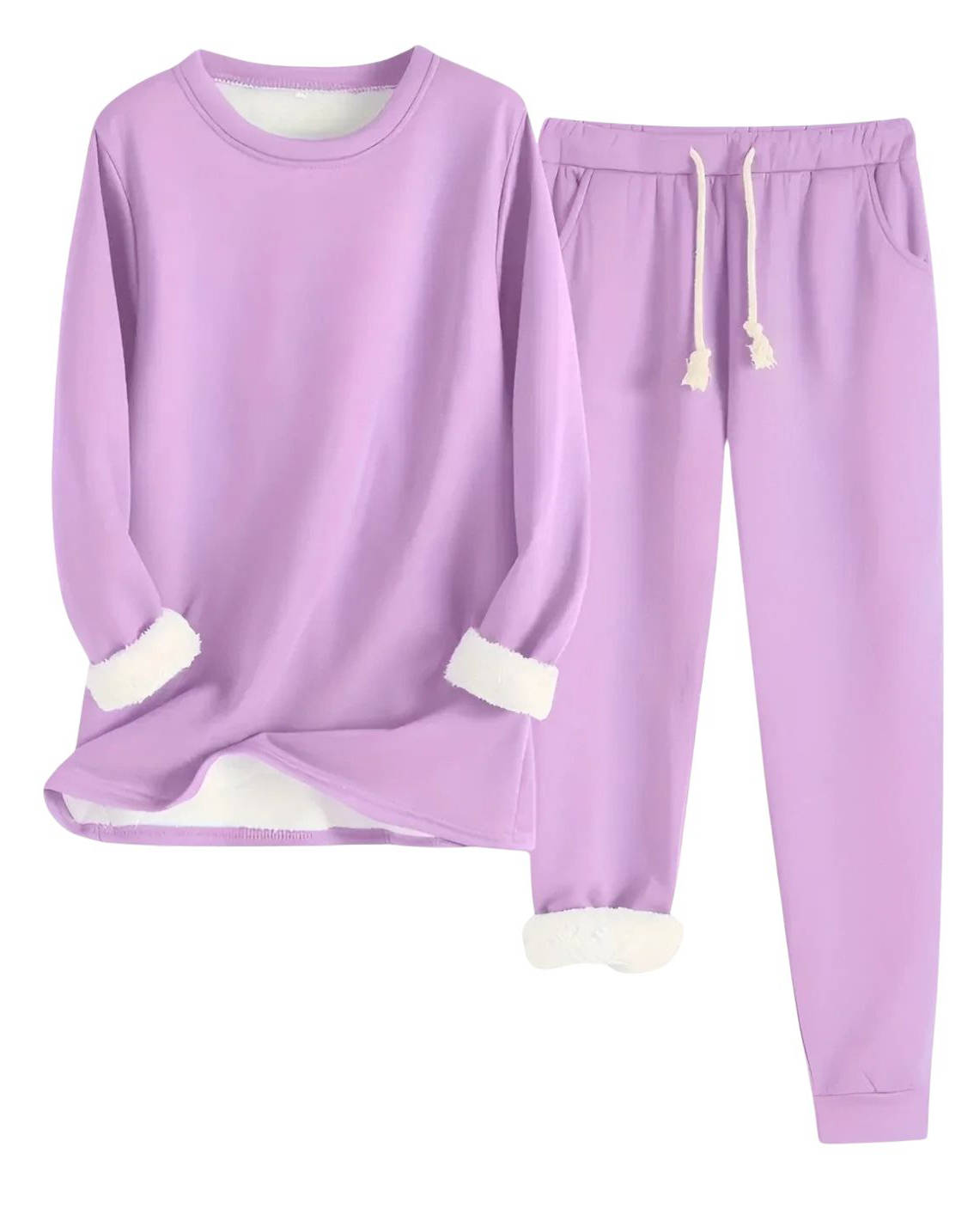Women's fleece lined sweatsuit set cozy relaxed fit two-piece matching loungewear fuzzy lining