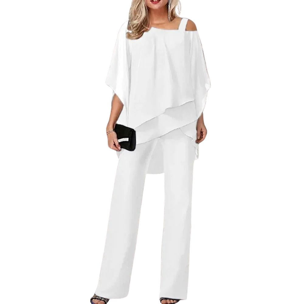 Women's elegant chiffon pantsuit lightweight sheer fabric professional festive two-piece set