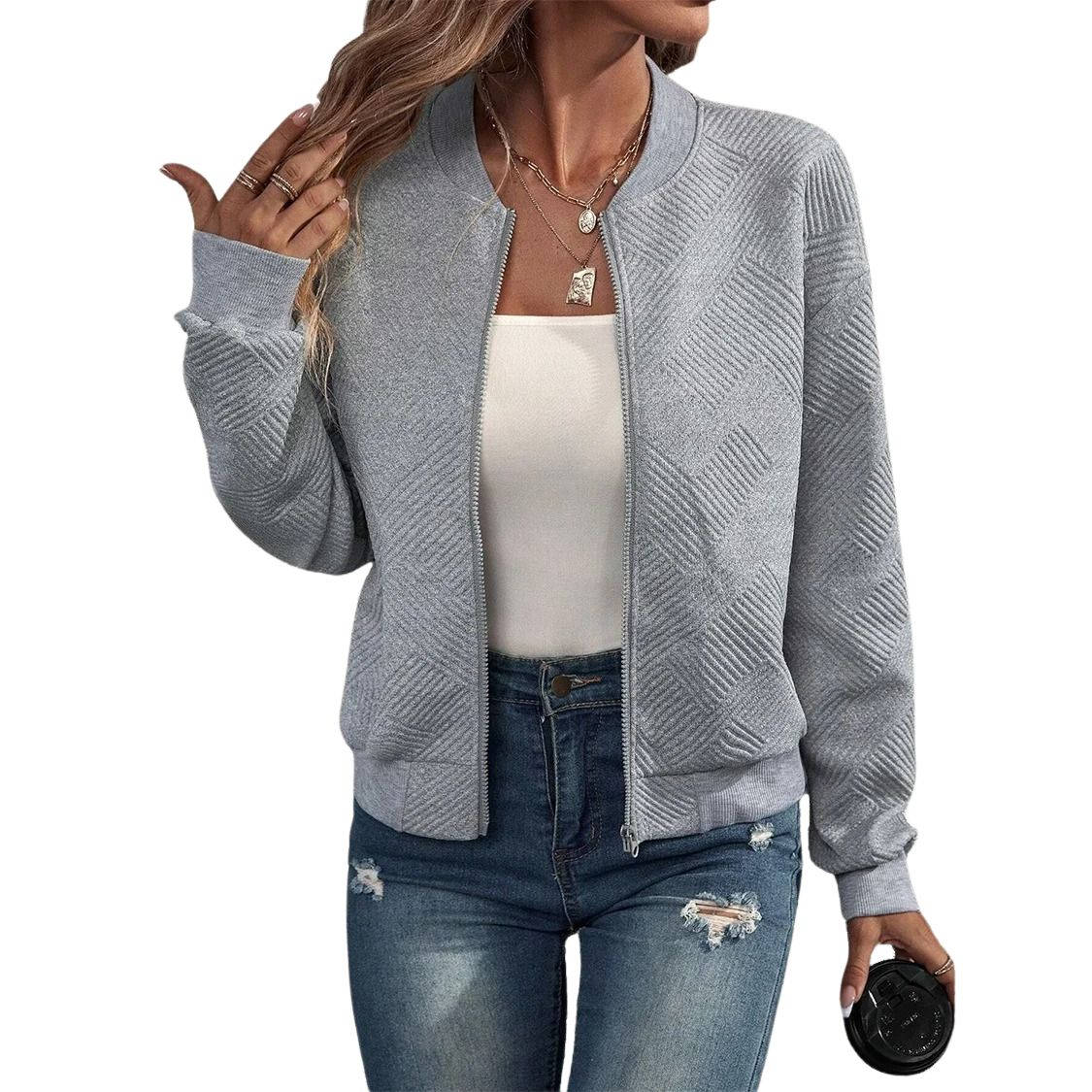 Women's lightweight collarless zip-up bomber jacket in solid color, polished everyday style with wind-blocking polyester