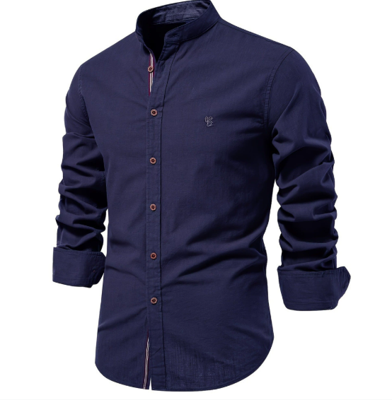 Men's slim fit white stand-up collar shirt with continuous button placket minimalist design