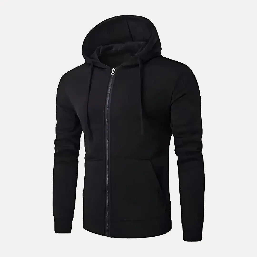 Unisex full-zip urban hoodie in soft fabric with drawstring hood for everyday casual comfort