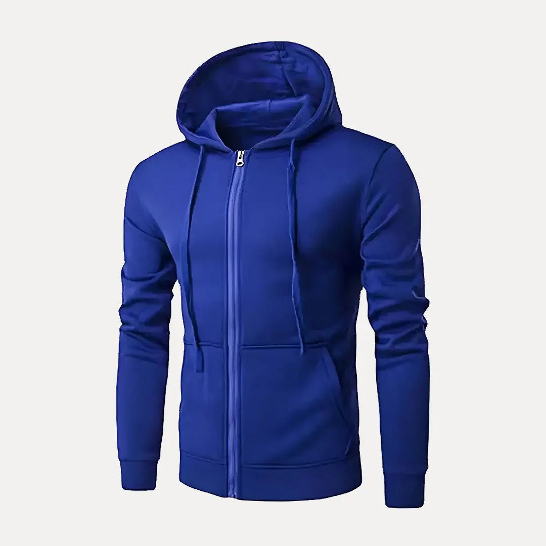 Unisex full-zip urban hoodie in neutral tone with drawstring hood and soft everyday fabric