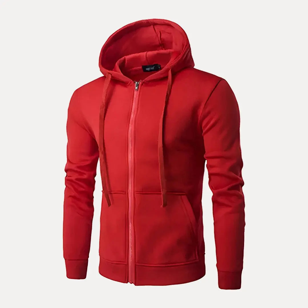 Unisex full-zip hoodie with drawstring hood in neutral tone, soft fabric urban casual style