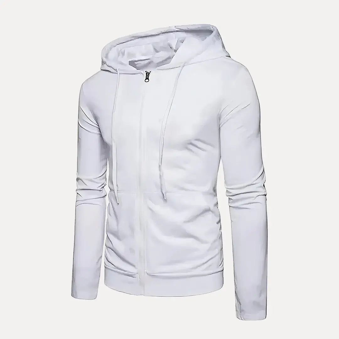 Unisex full-zip hoodie in neutral tone with drawstring hood and soft fabric for everyday urban wear