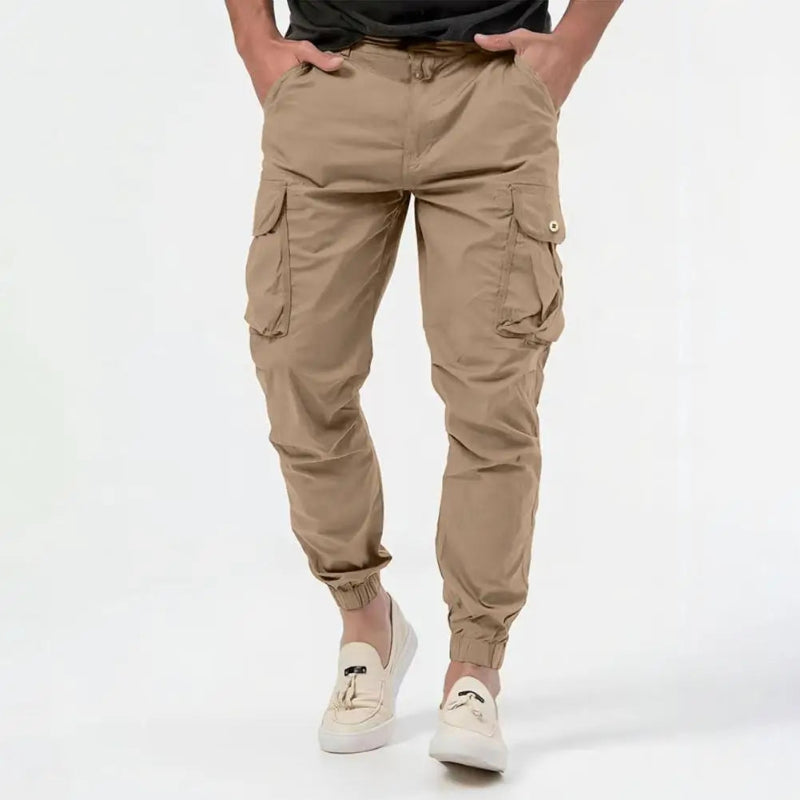 Men's olive cargo joggers slim tapered fit lightweight stretch fabric with multi side pockets