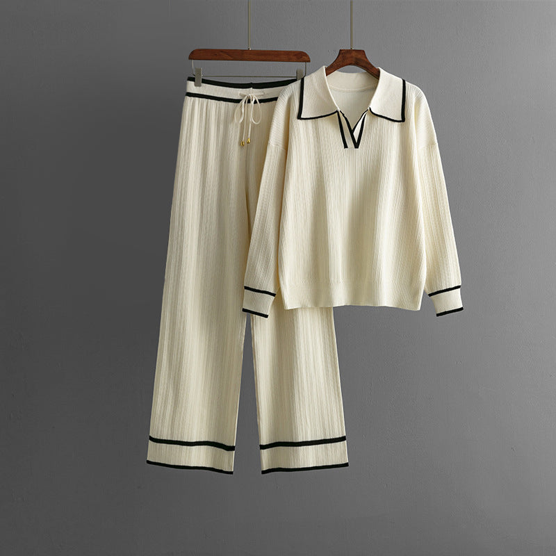 Beige viscose-blend knit two-piece set with lapel-collar sweater and wide-leg pants