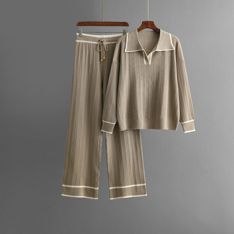 Beige viscose knit two-piece set lapel-collar sweater wide-leg pants cozy chic women
