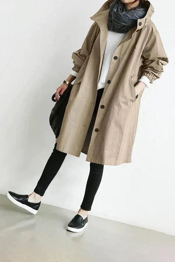 Oversized hooded longline jacket casual lightweight layering soft drape back drawstring relaxed silhouette